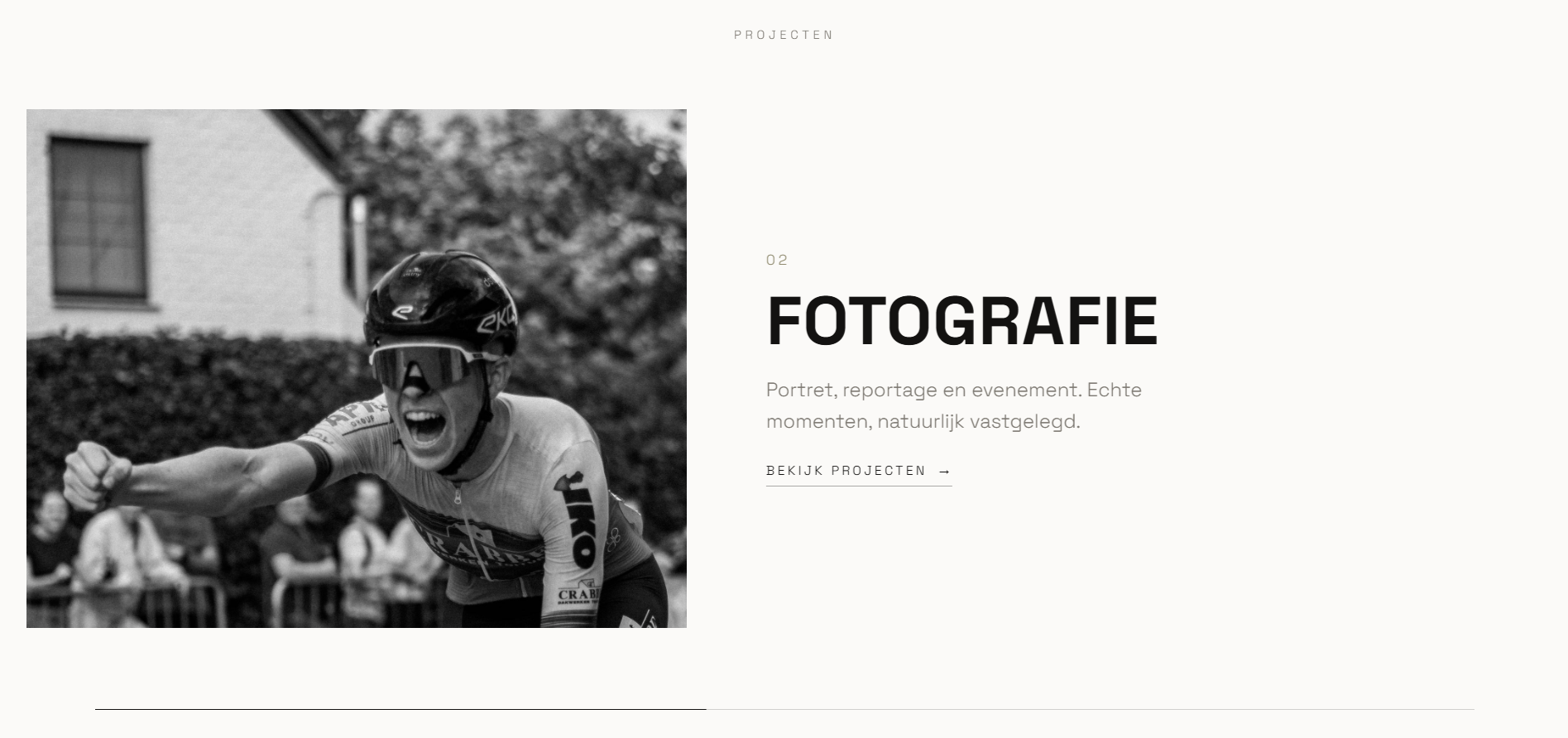 Website Crombruggen — genummerde sectie videoproducties op een lichte achtergrond